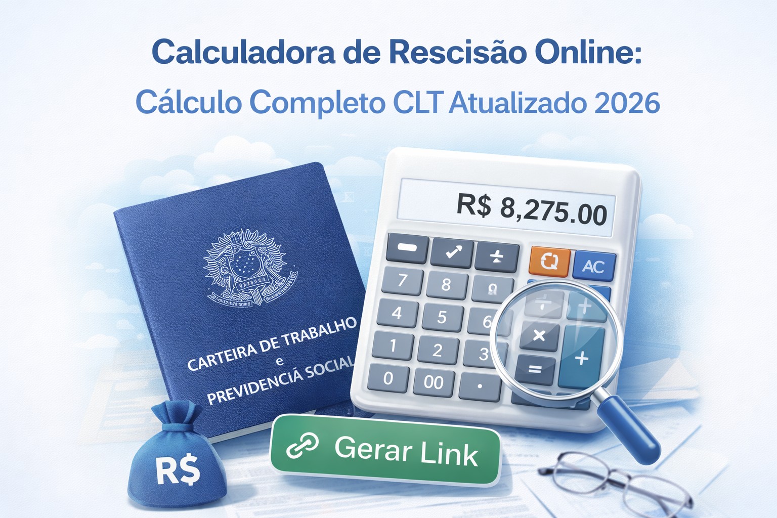 Interface da calculadora de rescisão trabalhista CLT com detalhamento de verbas rescisórias e simulação de multa de FGTS.