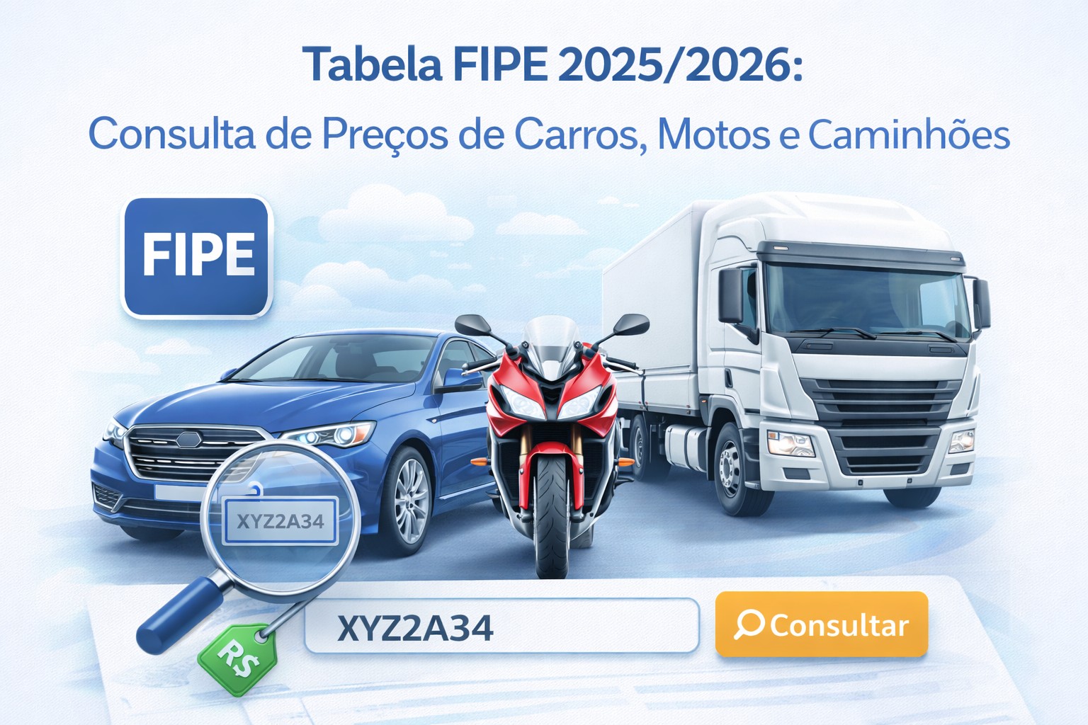 Ferramenta de consulta da Tabela FIPE premium no site Geferson Alencar, exibindo preços médios de veículos, motos e caminhões atualizados.