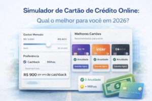 Interface do simulador de cartão de crédito mostrando calculadora de cashback e recomendações de cartões como Nubank, Inter e C6 Bank.