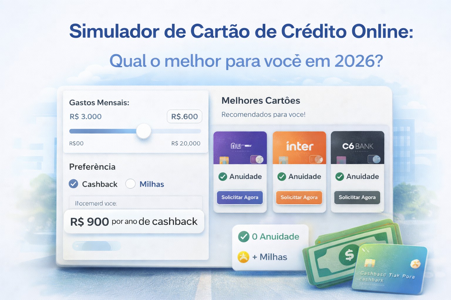 Interface do simulador de cartão de crédito mostrando calculadora de cashback e recomendações de cartões como Nubank, Inter e C6 Bank.