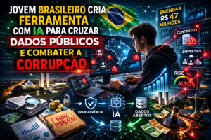 Jovem brasileiro utilizando inteligência artificial para cruzar dados públicos do governo, analisando transparência, finanças públicas e possíveis padrões de irregularidades no Brasil através de tecnologia e análise de dados.