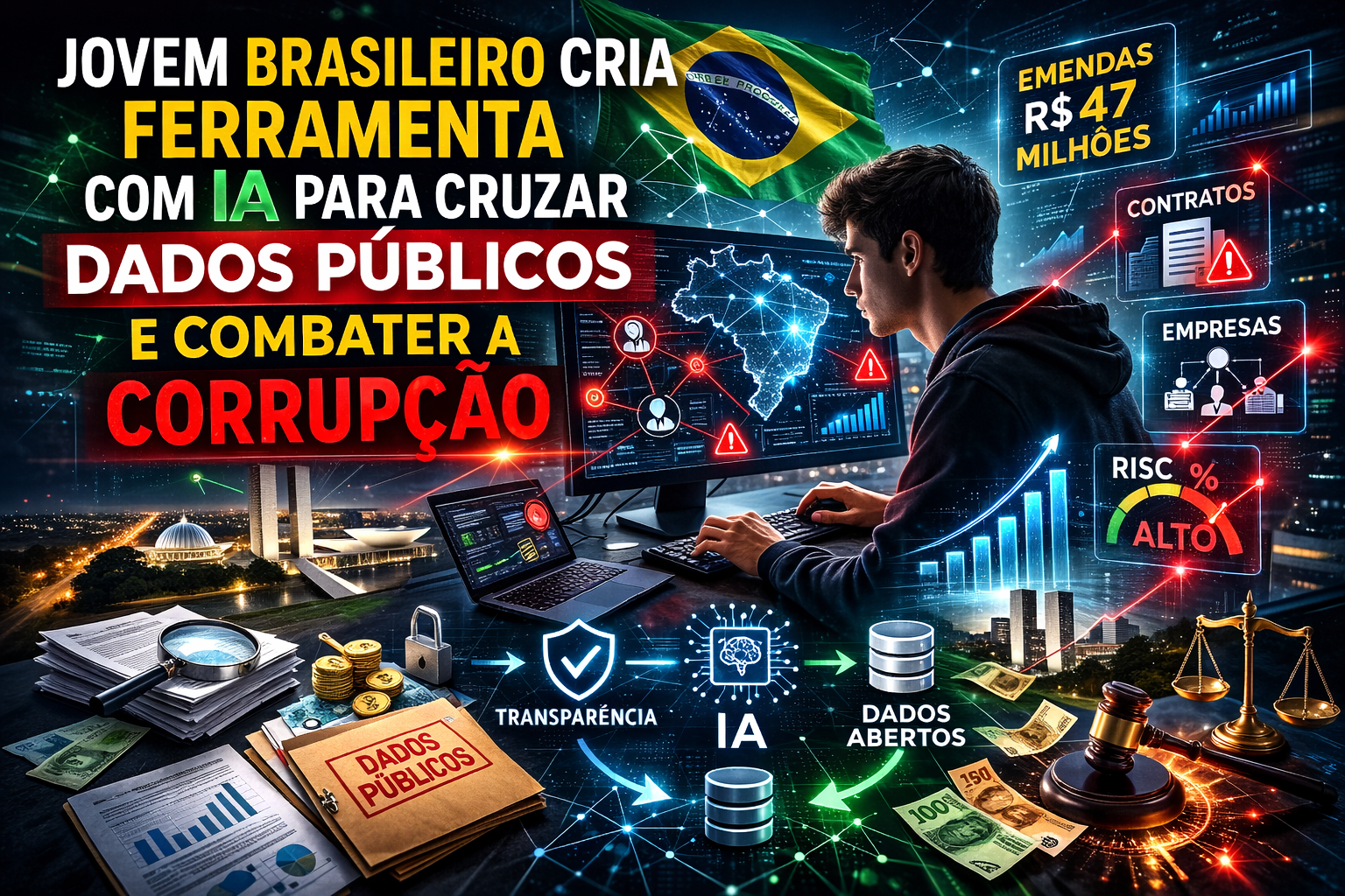 Jovem brasileiro utilizando inteligência artificial para cruzar dados públicos do governo, analisando transparência, finanças públicas e possíveis padrões de irregularidades no Brasil através de tecnologia e análise de dados.