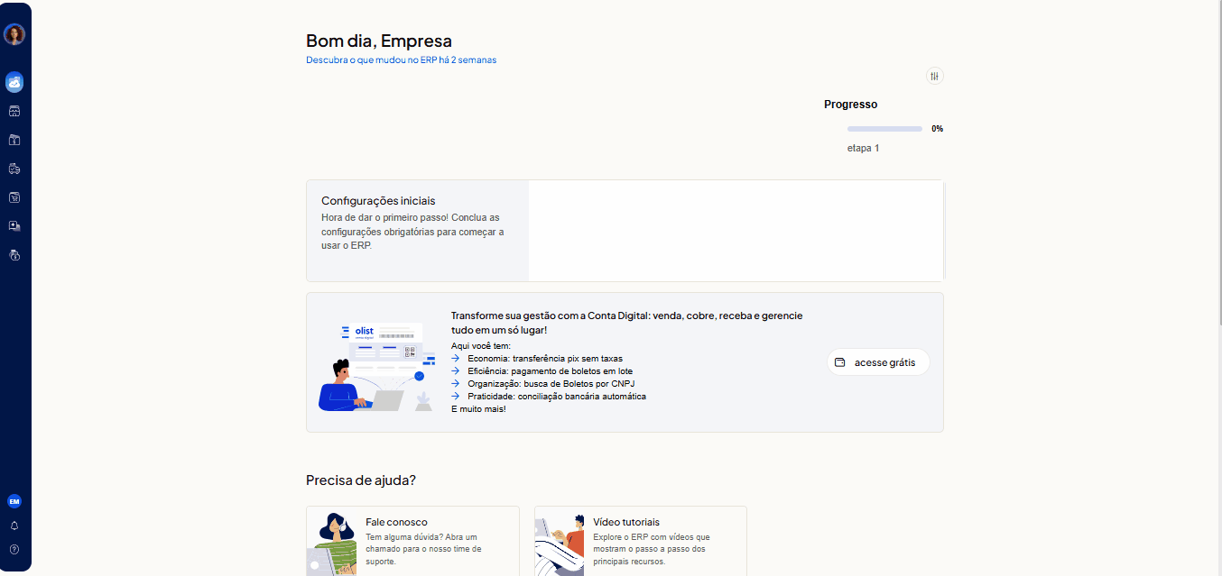 Animação passo a passo mostrando como adicionar e instalar uma integração no menu Integrações do Olist ERP