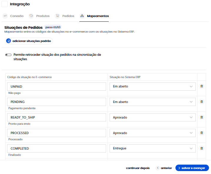 Configuração de Mapeamento de Situações de Pedidos no Olist ERP com trava de retrocesso desligada