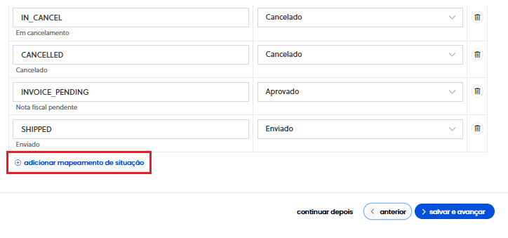 Tabela de mapeamento de situações entre plataforma de venda e Olist ERP e botão adicionar mapeamento