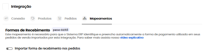 Tela de Mapeamento de Formas de Recebimento nas integrações do Olist ERP