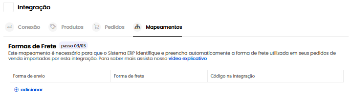 Tela de Mapeamento de Formas de Frete e Gateway Logístico na integração do Olist ERP