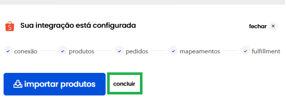 Tela final do assistente de integração do Olist ERP destacando o botão Concluir antes de importar produtos