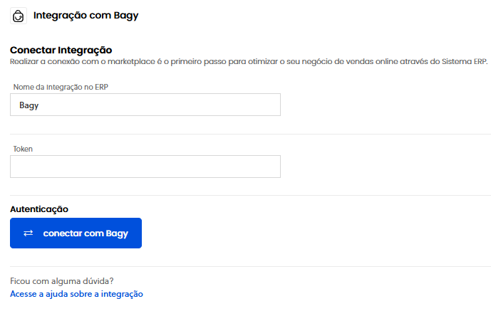 Tela da Aba Conexão no Olist ERP exibindo os campos de credenciais e botão Conectar
