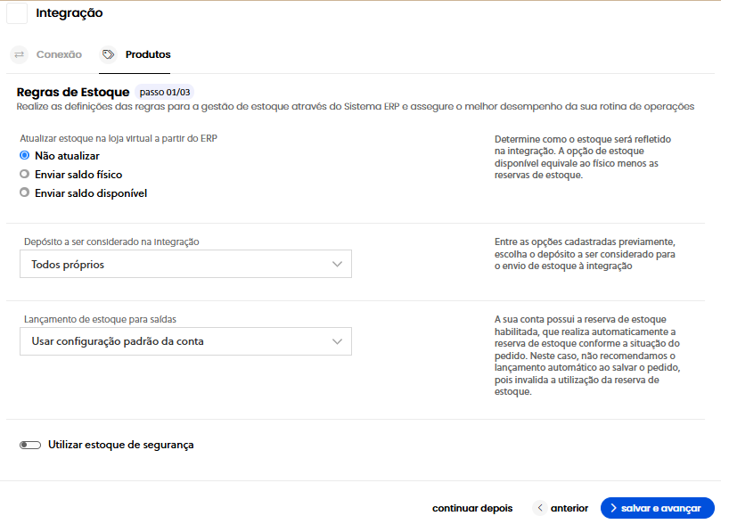 Configuração de Regras de Estoque na aba Produtos do Olist ERP: Saldo Disponível, Depósito e Estoque de Segurança