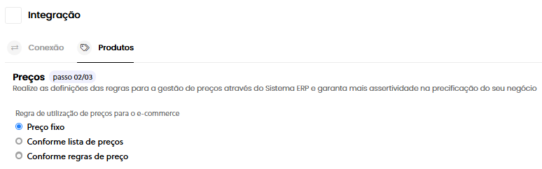 Tela Passo 2: Preços no Olist ERP mostrando Preço Fixo, Lista de Preços e Regras de Preço