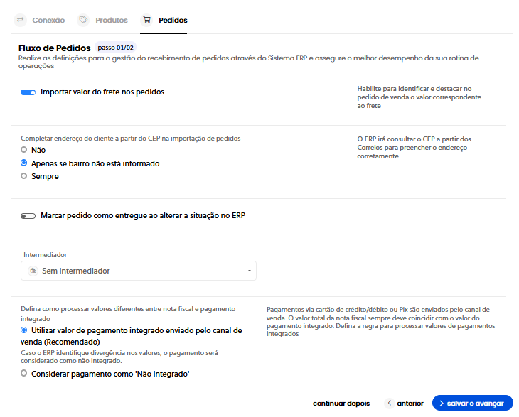 Configuração do Passo 1: Fluxo de pedidos no Olist ERP com importação de frete e validação de CEP