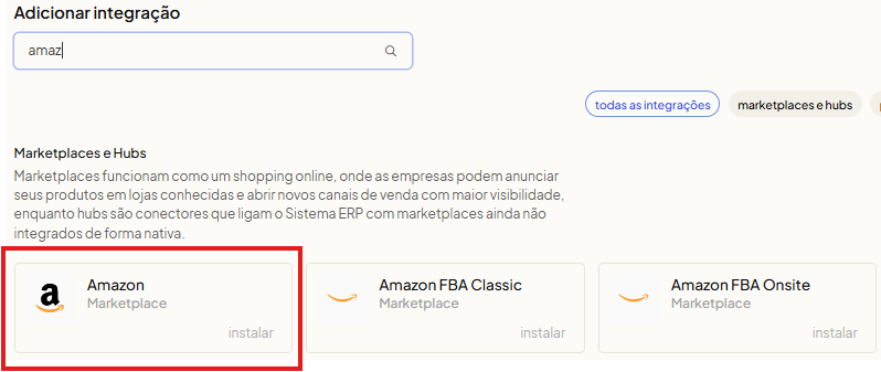 Seleção e instalação da integração Amazon no painel de Integrações do Olist ERP