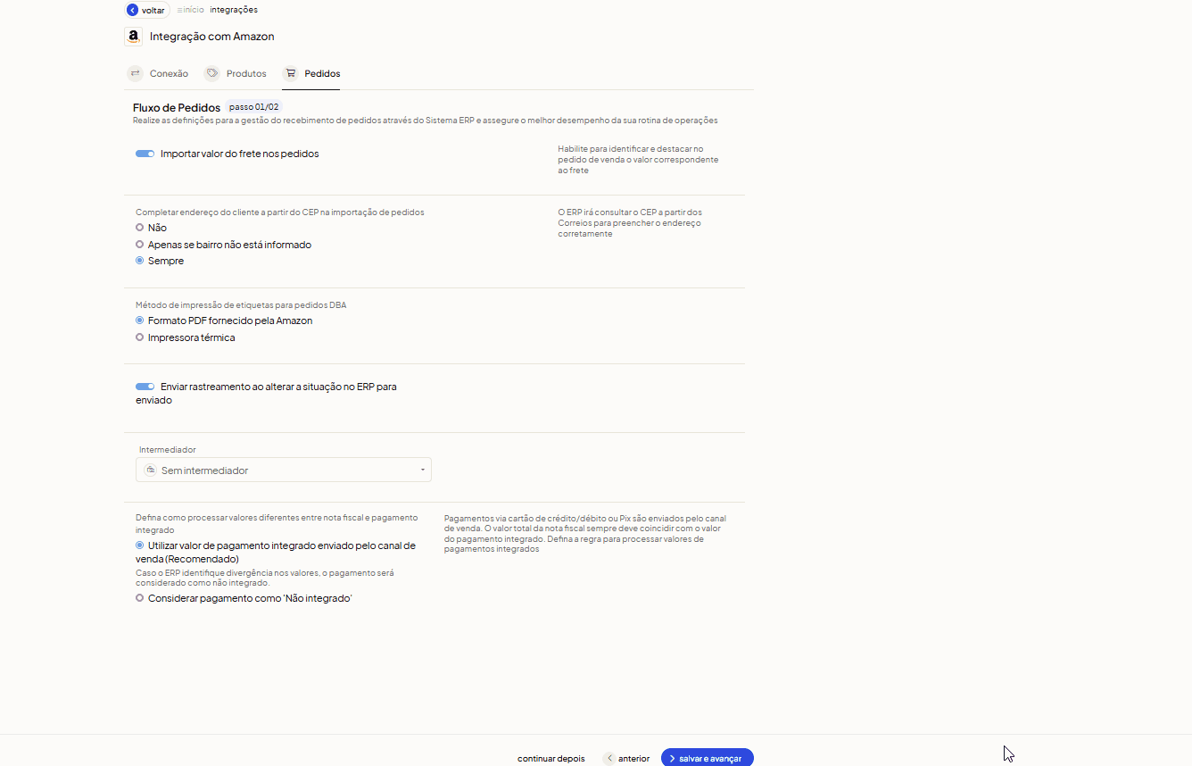 GIF oficial mostrando o preenchimento do CNPJ do Intermediador Amazon 15.436.940/0001-03 no Olist ERP