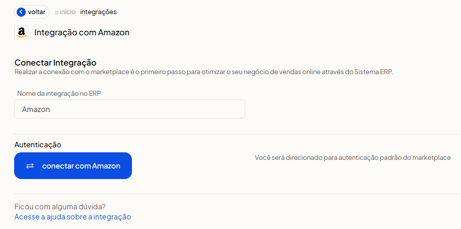 Tela de conexão e botão Conectar com Amazon no Olist ERP