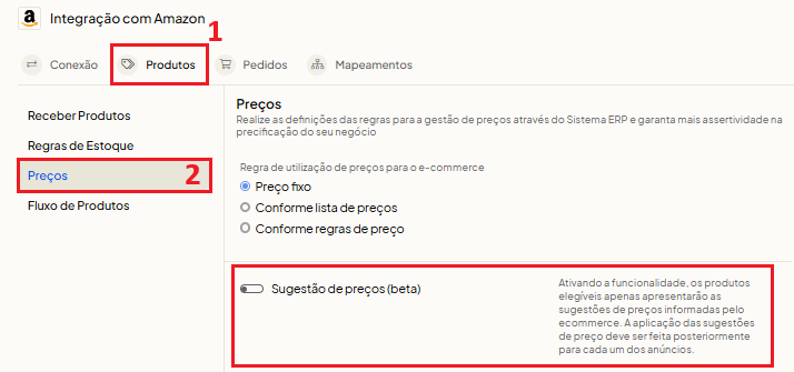 Ativação da funcionalidade Sugestão de Preços da Amazon no Olist ERP
