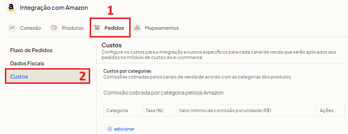 Configuração da aba Custos de comissão por categoria da Amazon no Olist ERP