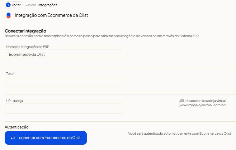 Tela oficial do Olist ERP mostrando a busca e instalação do aplicativo Ecommerce da Olist no menu de Integrações