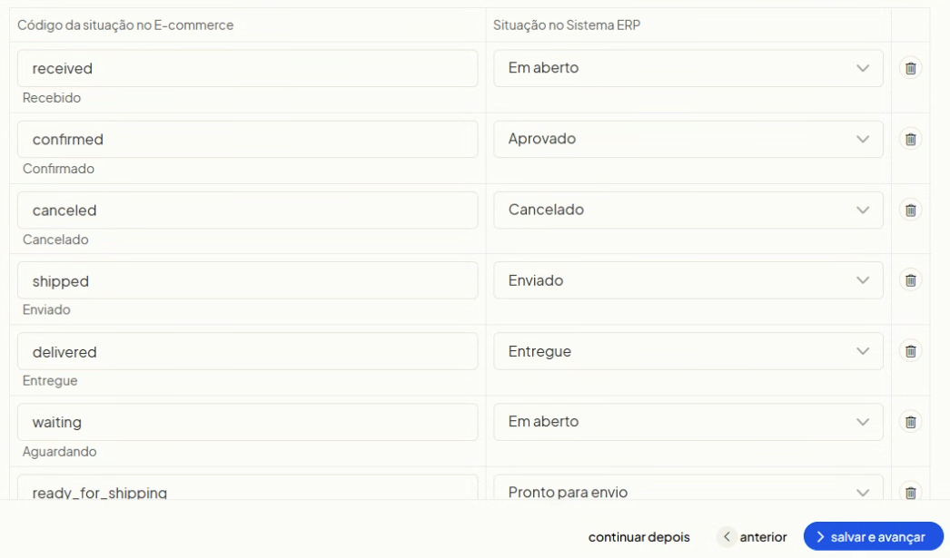 Detalhe do vínculo entre os meios de pagamento do e-commerce e as formas de recebimento do ERP