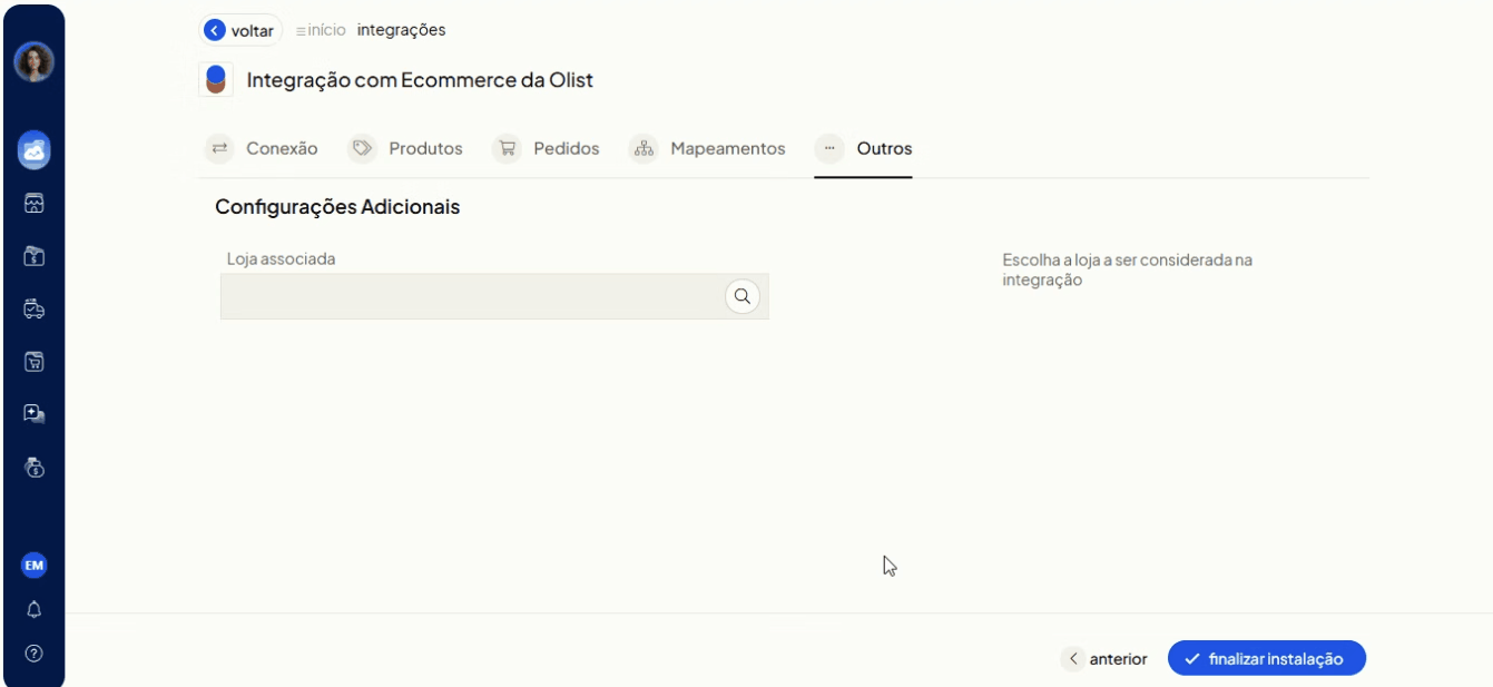 GIF animado oficial mostrando a seleção da Loja Associada na aba Outros do Olist ERP