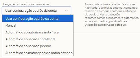 Opções de Lançamento de estoque para saídas na integração do Ecommerce da Olist