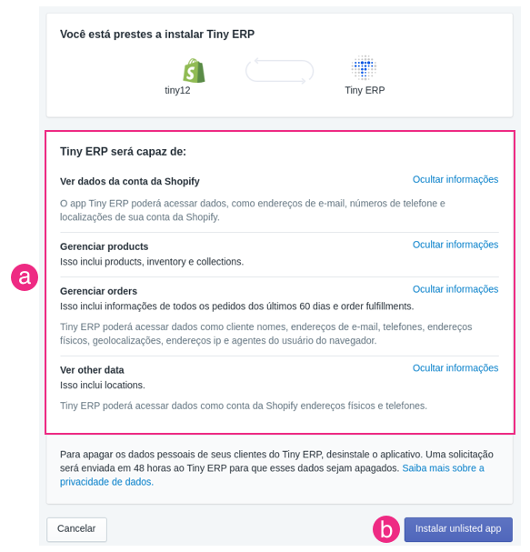 Tela oficial do Olist ERP - Configurações adicionais da Shopify para CPF/CNPJ e note_attributes