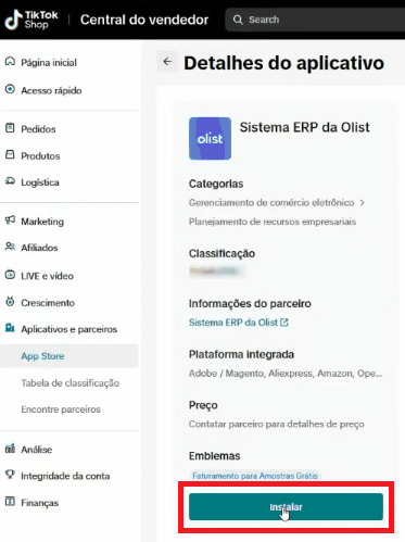 Tela oficial do Olist ERP - tut18_integrar_tiktok_shop_olist_erp Passo 2