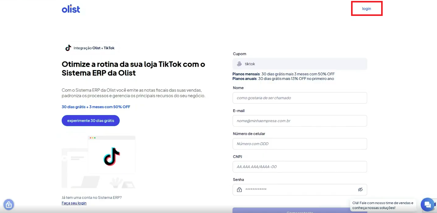 Tela oficial do Olist ERP - tut18_integrar_tiktok_shop_olist_erp Passo 3