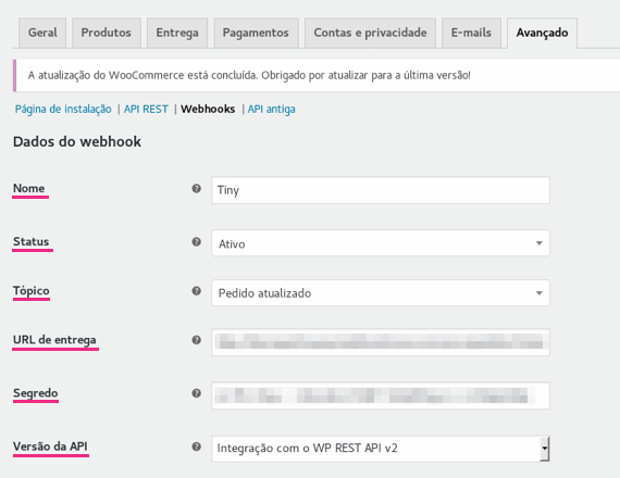 Tela oficial do Olist ERP - tut23_integrar_woocommerce_olist_erp Passo 5 - Configuração de Webhook no painel do WooCommerce para Importação Automática OMS