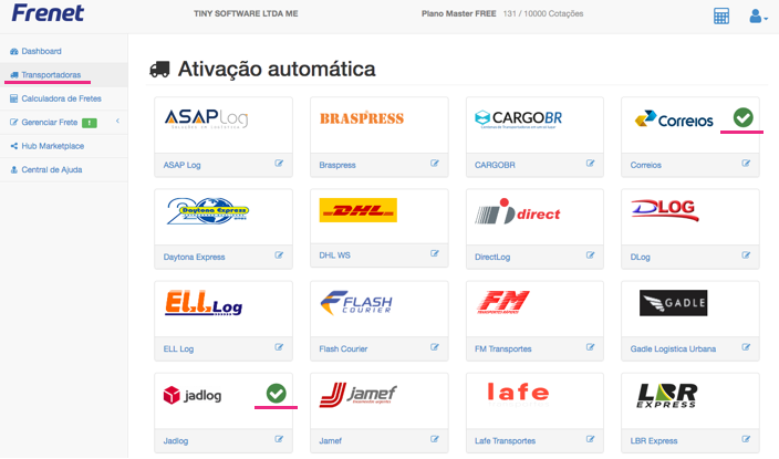 Tela oficial do Olist ERP - tut23_integrar_woocommerce_olist_erp Passo 6 - Painel da Frenet listando transportadoras ativas integradas ao WooCommerce