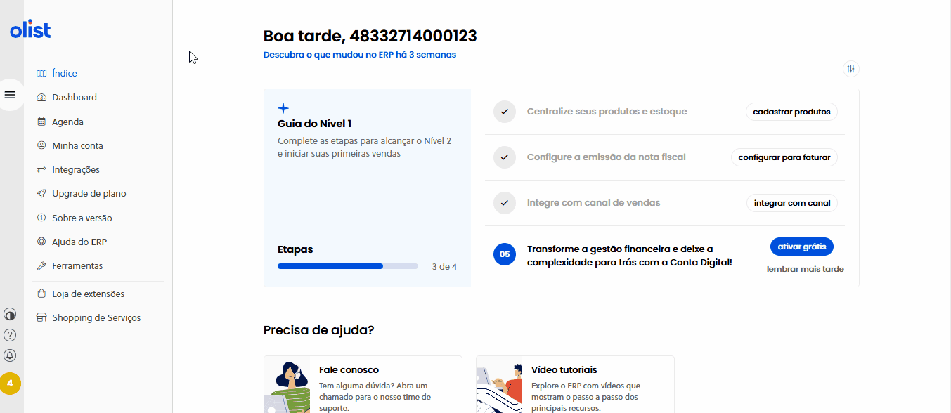 Tela oficial do Olist ERP - tut9_loja_fisica_implementacao Passo 3