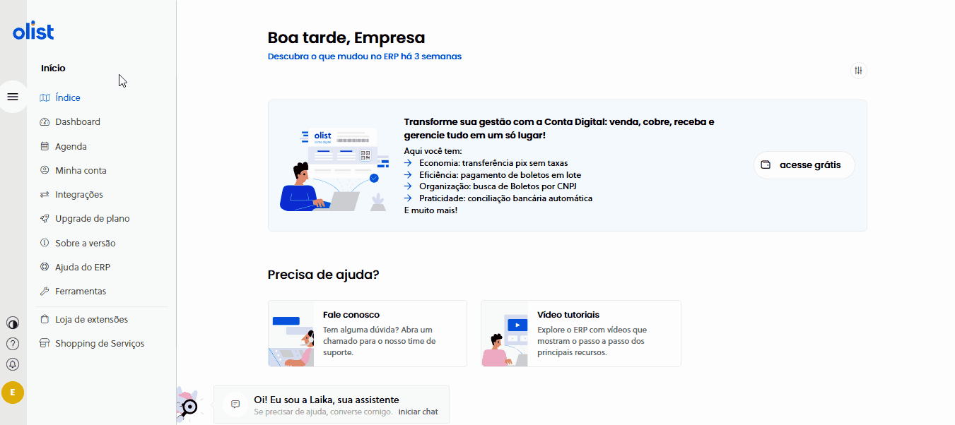 Tela de revisão de configurações de NFS-e, Cadastros de Serviços e Contratos no Olist ERP