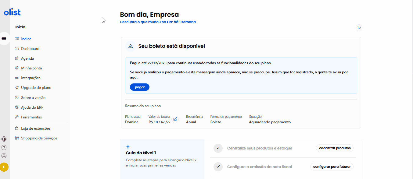 Campos fiscais de Código LC 116, CNAE, Alíquota de ISS e Código de Tributação do Município no Olist ERP