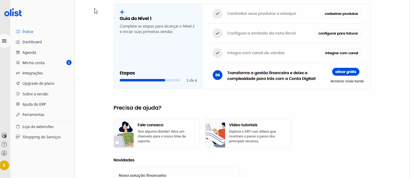 Menu de ações em massa para excluir, restaurar e transformar serviços em produtos no Olist ERP