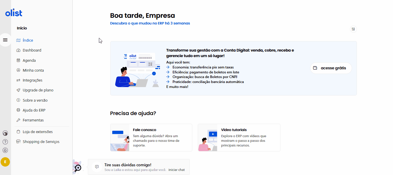 Tela de Ordem de Serviço no Olist ERP com grade separada de Serviços (NFS-e) e Peças/Produtos (NF-e)