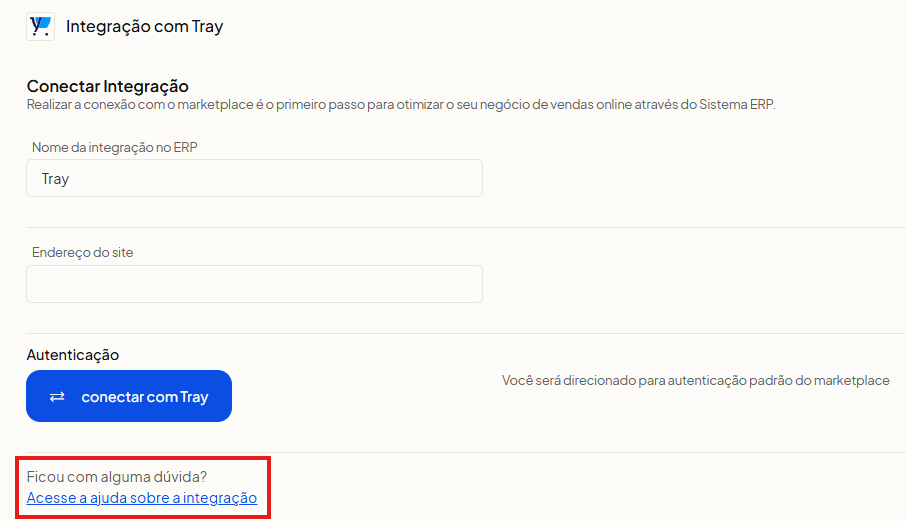 Tela de configuração de integração do canal de venda no Olist ERP com guia de auxílio no rodapé