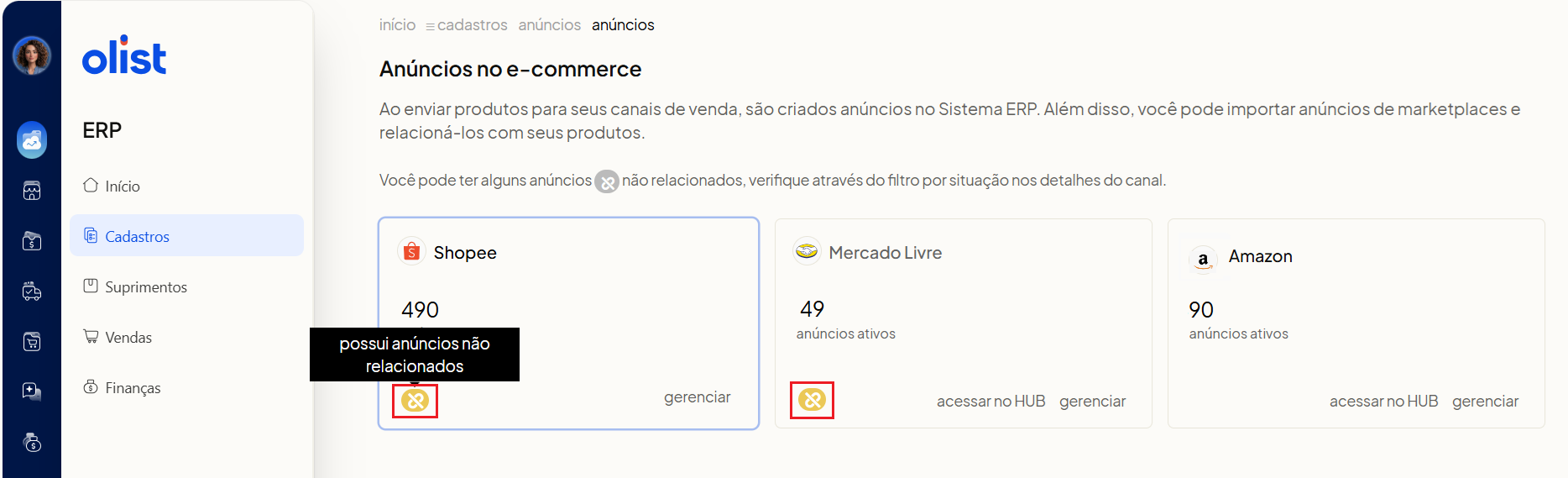 Cards dos marketplaces na tela de Anúncios do Olist ERP exibindo a etiqueta amarela de anúncios não relacionados no canto inferior esquerdo