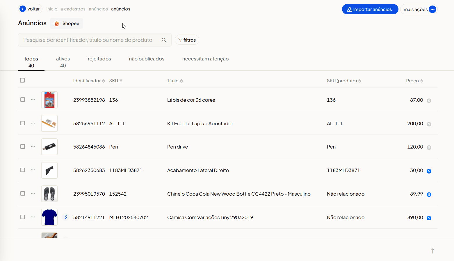Animação aplicando o filtro Situação > Não relacionados na tela de anúncios do Olist ERP e destacando a coluna SKU (produto)” loading=”lazy” style=”max-width: 100%; height: auto; border-radius: 10px; box-shadow: 0 4px 15px rgba(0,0,0,0.1); border: 1px solid #e2e8f0;” /><figcaption style=