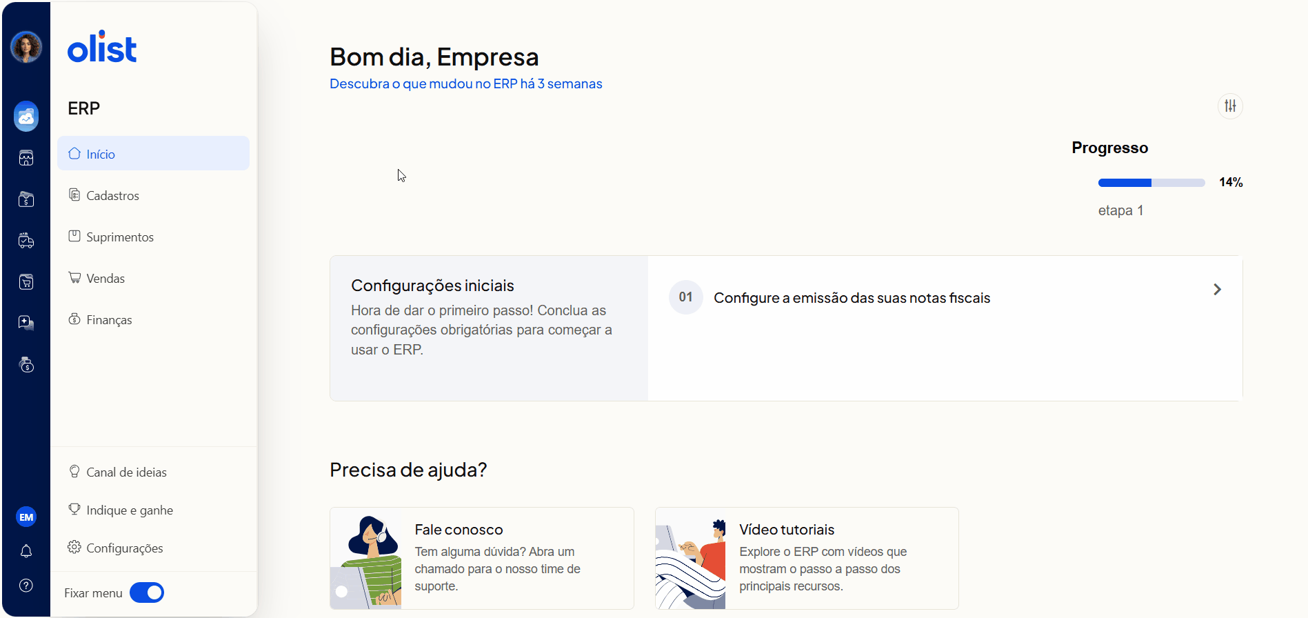 GIF demonstrando o acesso ao menu Cadastros > Produtos e o clique no botão receber do e-commerce no Olist ERP” loading=”lazy” style=”max-width: 100%; height: auto; border-radius: 10px; box-shadow: 0 4px 15px rgba(0,0,0,0.1); border: 1px solid #e2e8f0;” /><figcaption style=