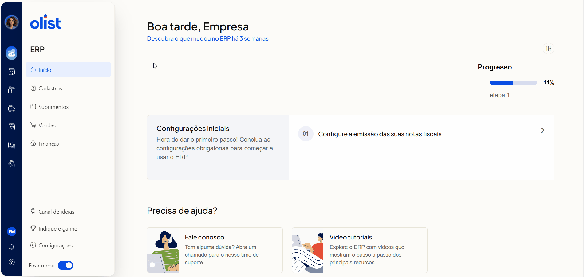 Animação passo a passo criando um produto individualmente a partir da lista de anúncios no Olist ERP com preenchimento de NCM e depósito