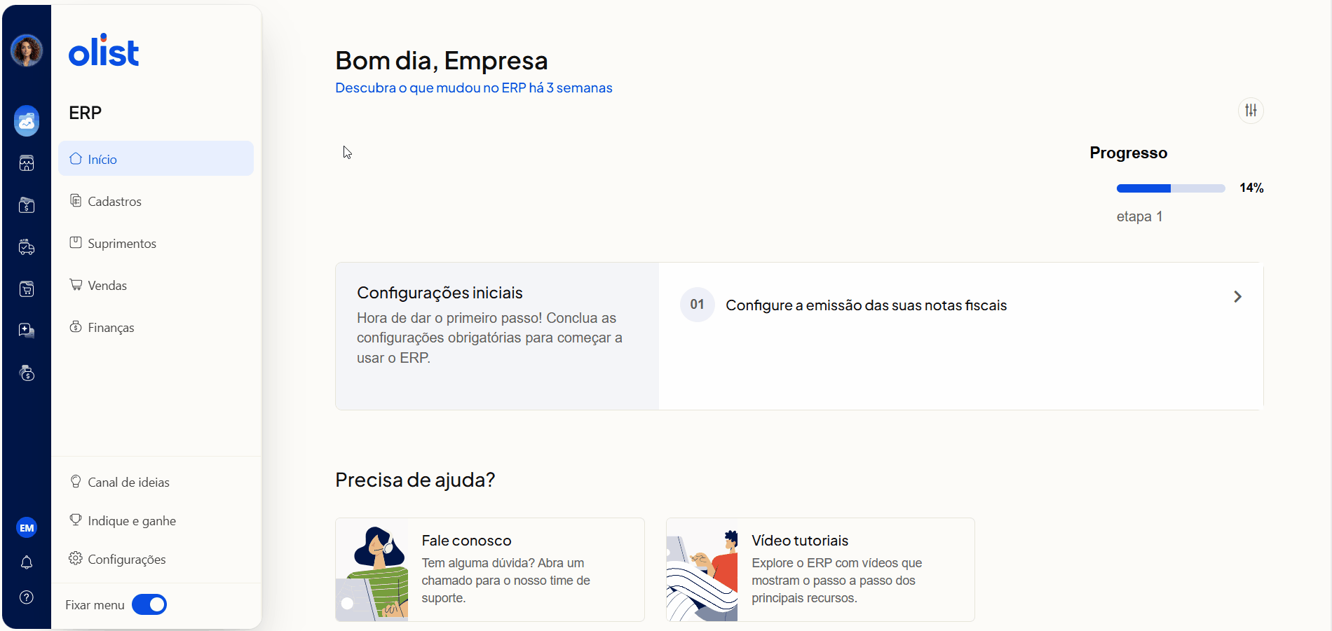 Animação demonstrando a opção Criar um produto e vincular os anúncios no Olist ERP para unificar estoque de anúncios Clássico e Premium