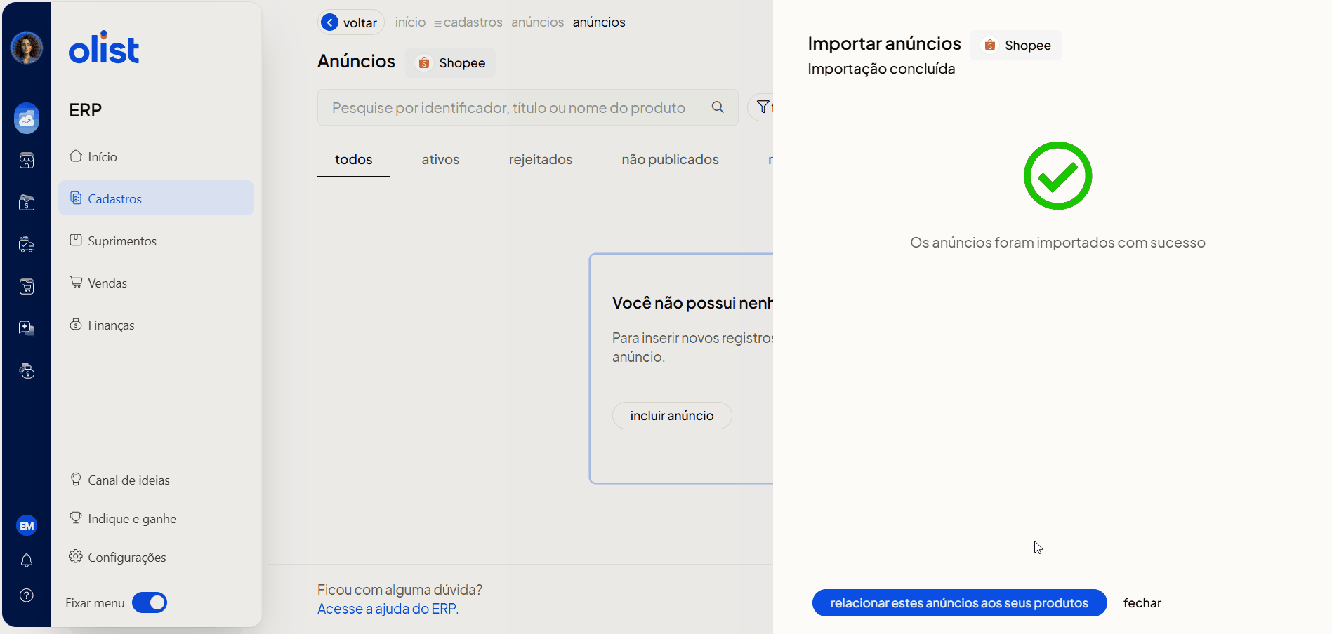 GIF mostrando a escolha dos critérios de relacionamento por SKU, título ou EAN e o clique no botão relacionar no Olist ERP