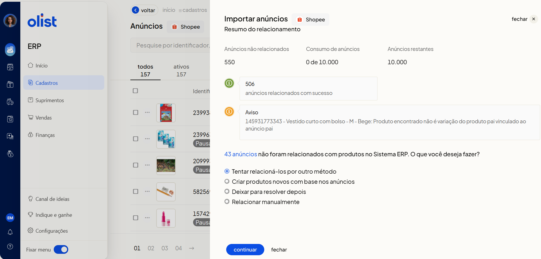 Tela de Resumo do relacionamento no Olist ERP exibindo as 4 opções de tratativa para anúncios não relacionados