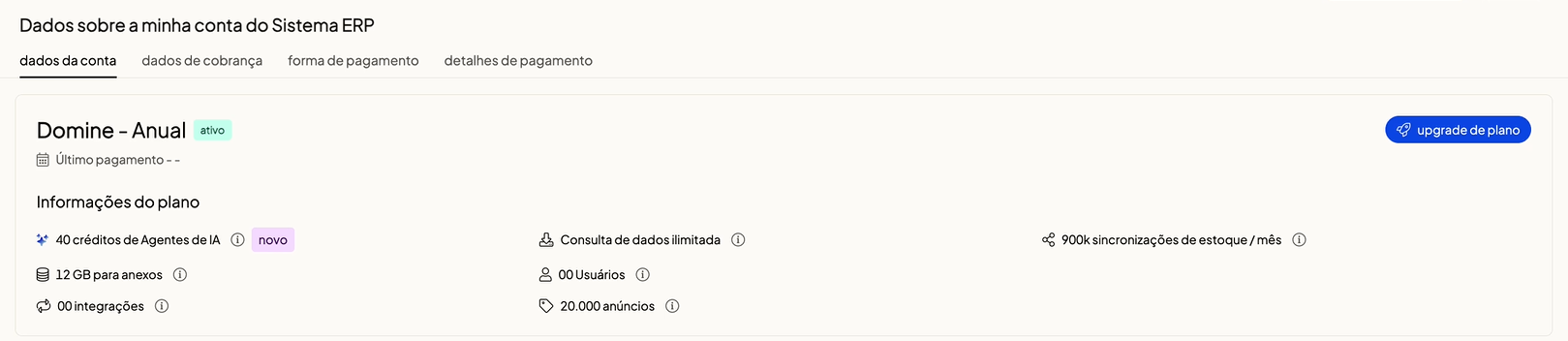 Nova tela Informações do Plano com Créditos de IA e Consulta de Dados Ilimitada no Olist ERP