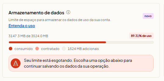 Barra de progresso de Armazenamento de Dados no Olist ERP