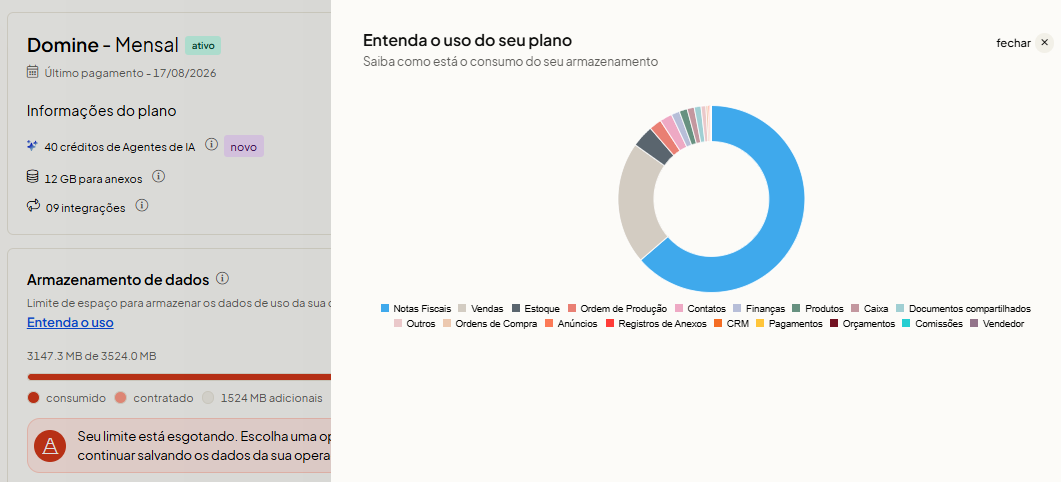 Detalhamento Entenda o Uso do armazenamento de dados no Olist ERP