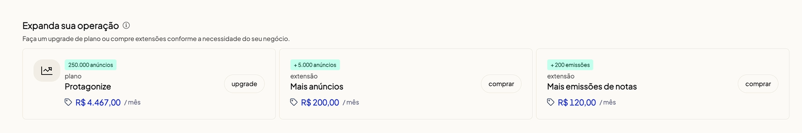 Seção Expanda sua Operação para upgrade de plano e compra de extensões no Olist ERP