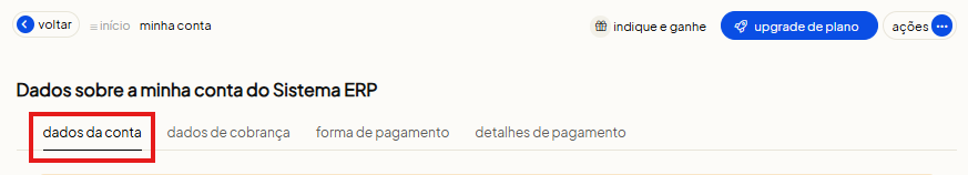 Visão inicial da aba Dados da Conta no Olist ERP