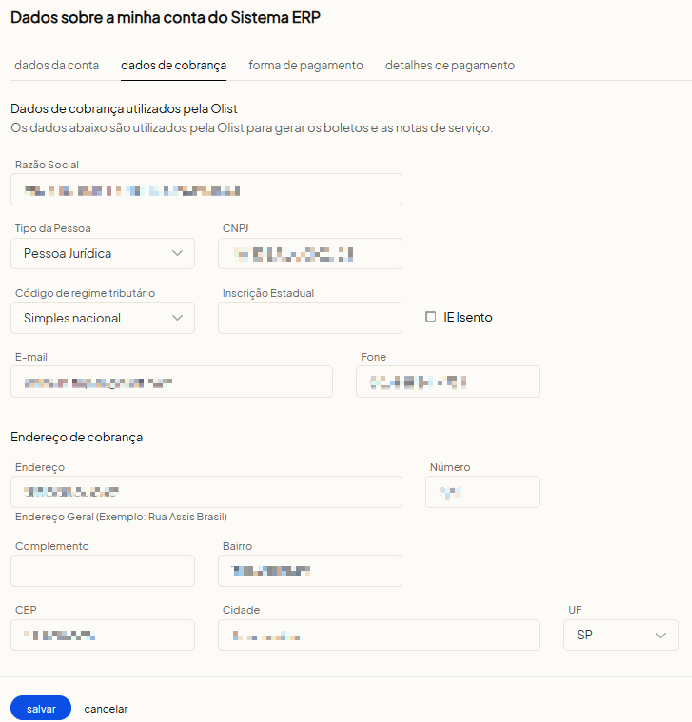 Aba Dados de Cobrança com razão social, endereço e e-mail financeiro no Olist ERP