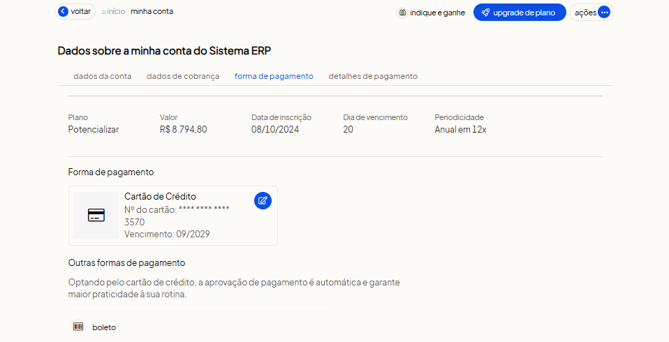 Aba Formas de Pagamento com opções de cartão de crédito, boleto e mensalidades em aberto no Olist ERP